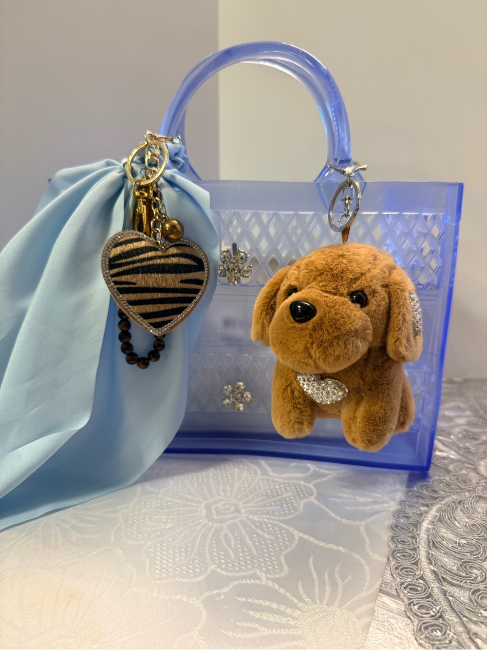 Blue Transparent Mini Tote Bag with Brown Plush Dog Charm